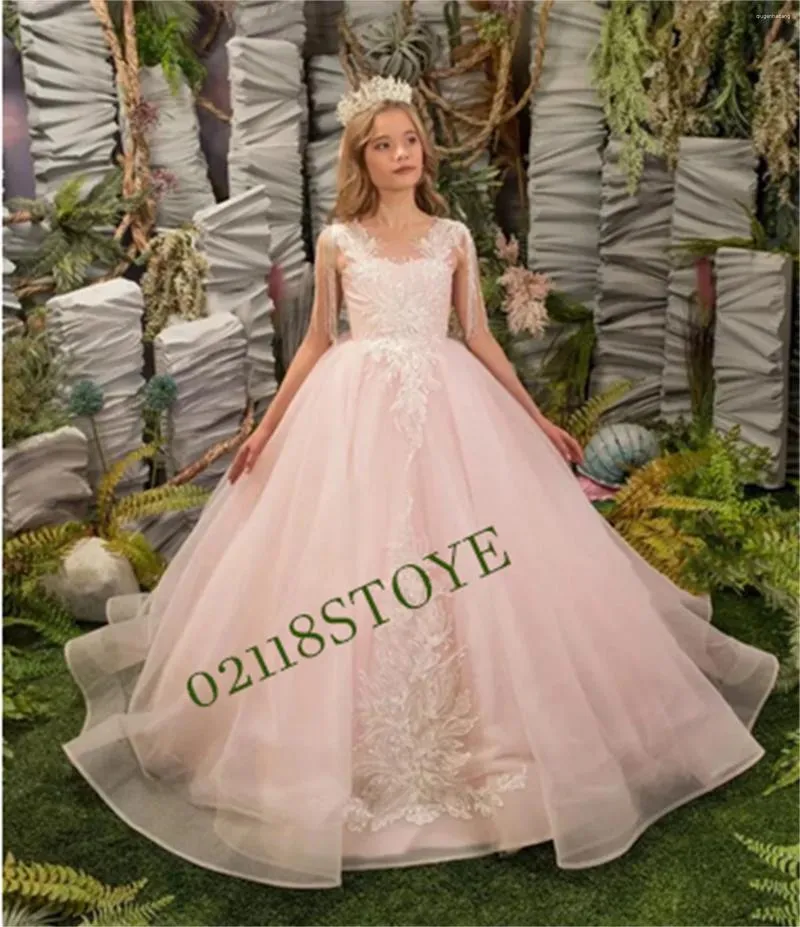 Robes de fille Blush rose et ivoire dentelle Tulle robe à fleurs pour mariage demoiselle d'honneur fête concours première Communion robe Poshoot