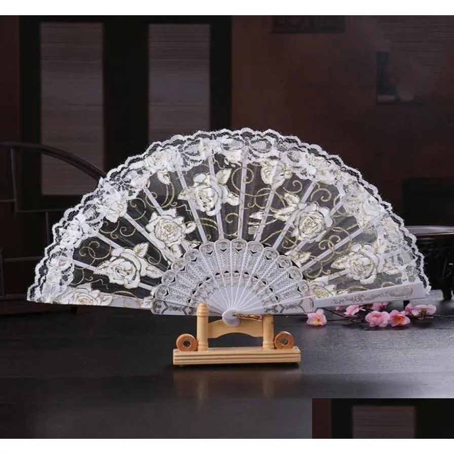 Fans Parasols Vintage 10 kleuren beschikbaar Handen Fans Plastic Fan Bot Bamboe Handroos Kant Bruiloft Kunst en Ambacht Gunsten Cadeau Drop Otezq