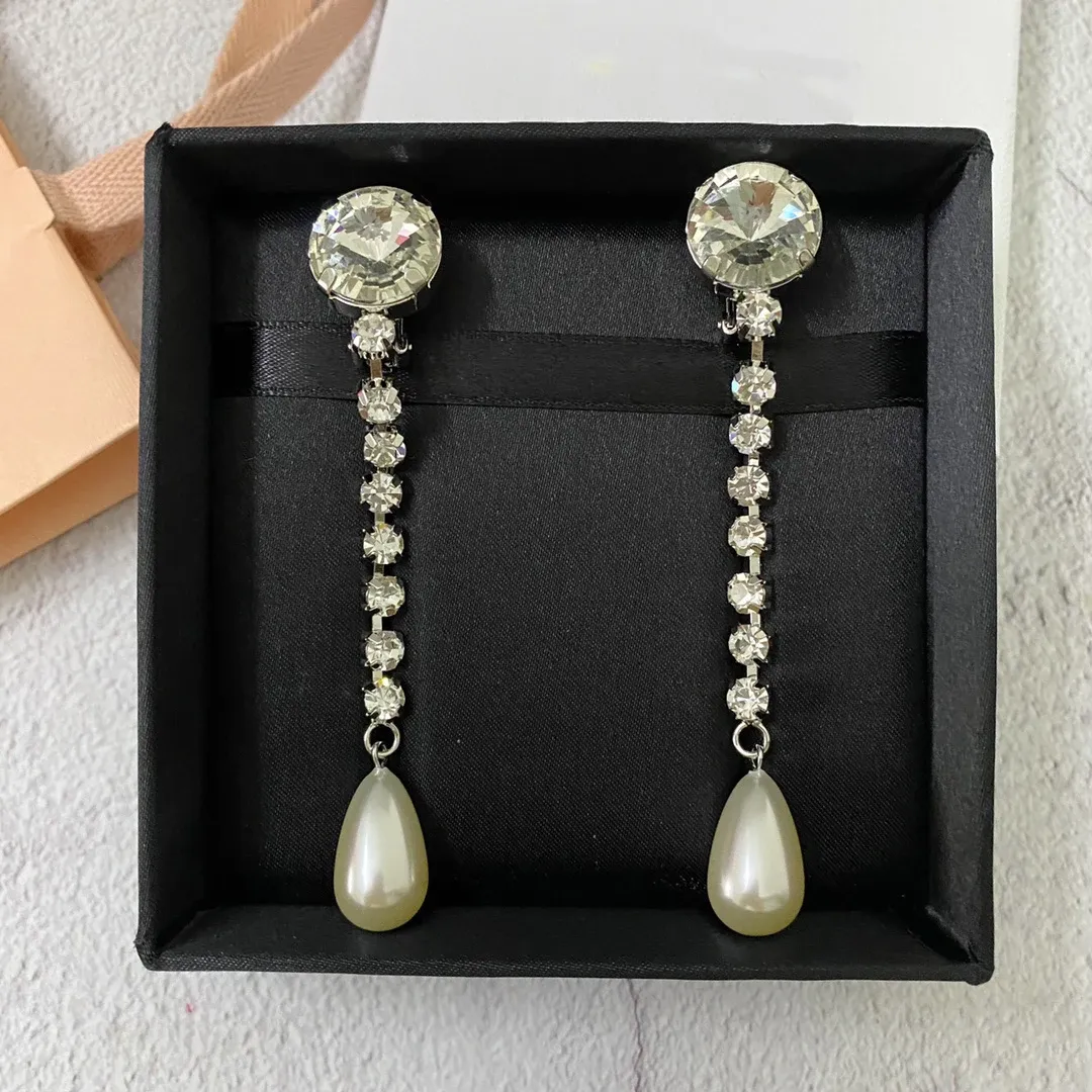 Europe Crystal Pearl Water Drop Long Tassel Ear Clip Earrings For Women Sweet Romance Top Quality Wedding Boutique Jewelry Trend