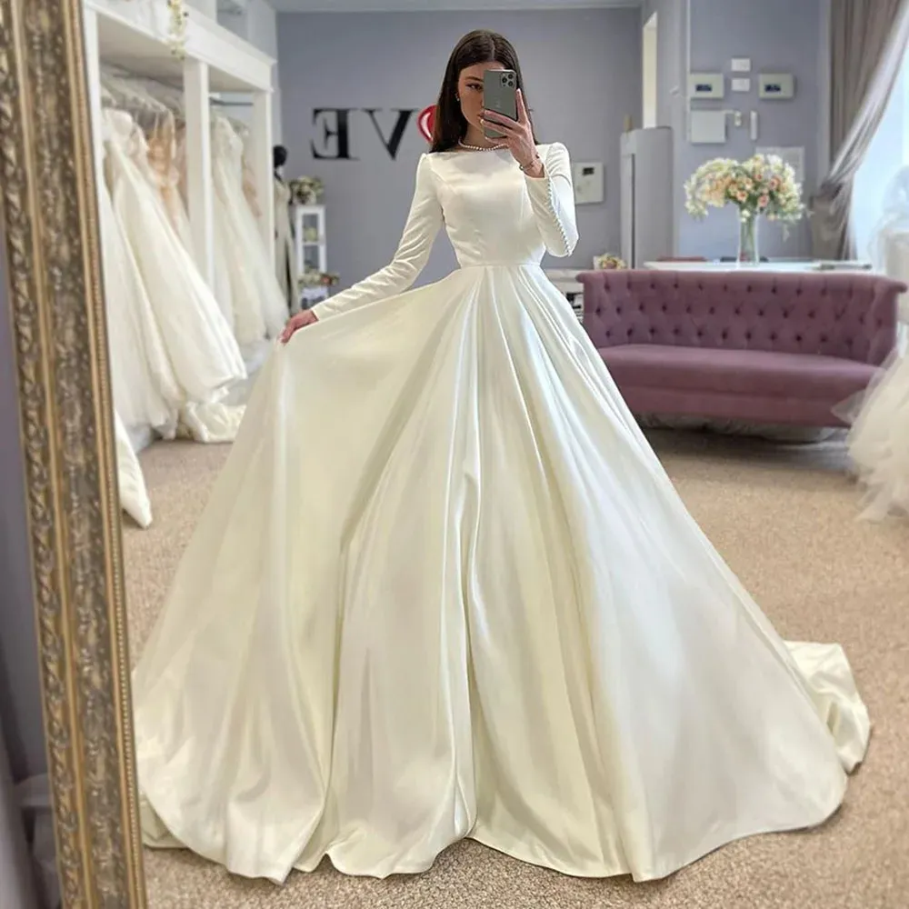 Boat Neck Wedding Dress Monkidoll Elegant - Long Satin Train With 3/4  Sleeves \u0026 Pockets Long Satin Train Dress, image size:1000x1000