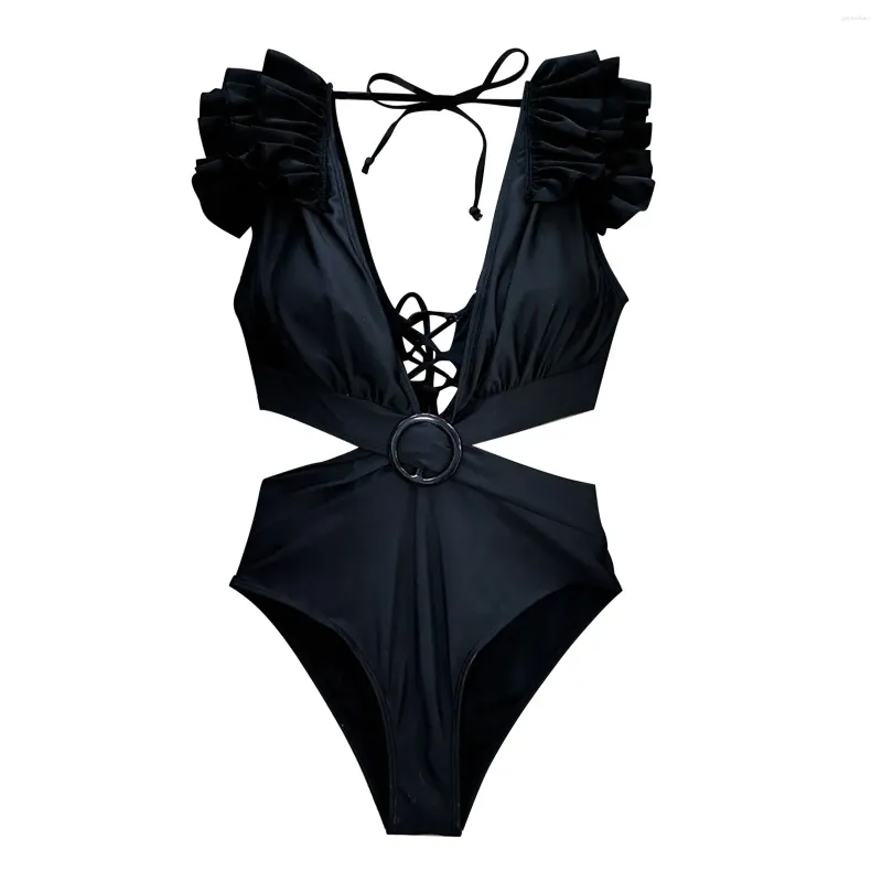 Costumi da bagno da donna arricciati in un pezzo monokini tinta unita a vita alta costumi da bagno con scollo a V profondo fasciatura costumi da bagno da spiaggia senza schienale