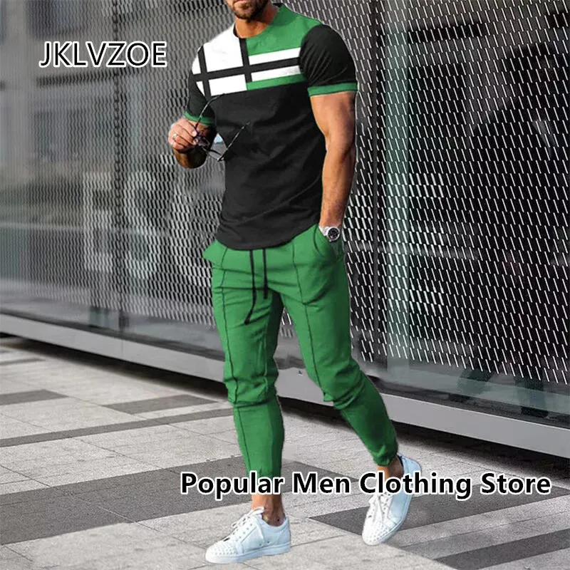 2 Piece Set Outfits Mens Trousers Tracksuit 3D Printed Summer Street Clothes Jogger Sportswear Short Sleeve T ShirtLong Pants 240315