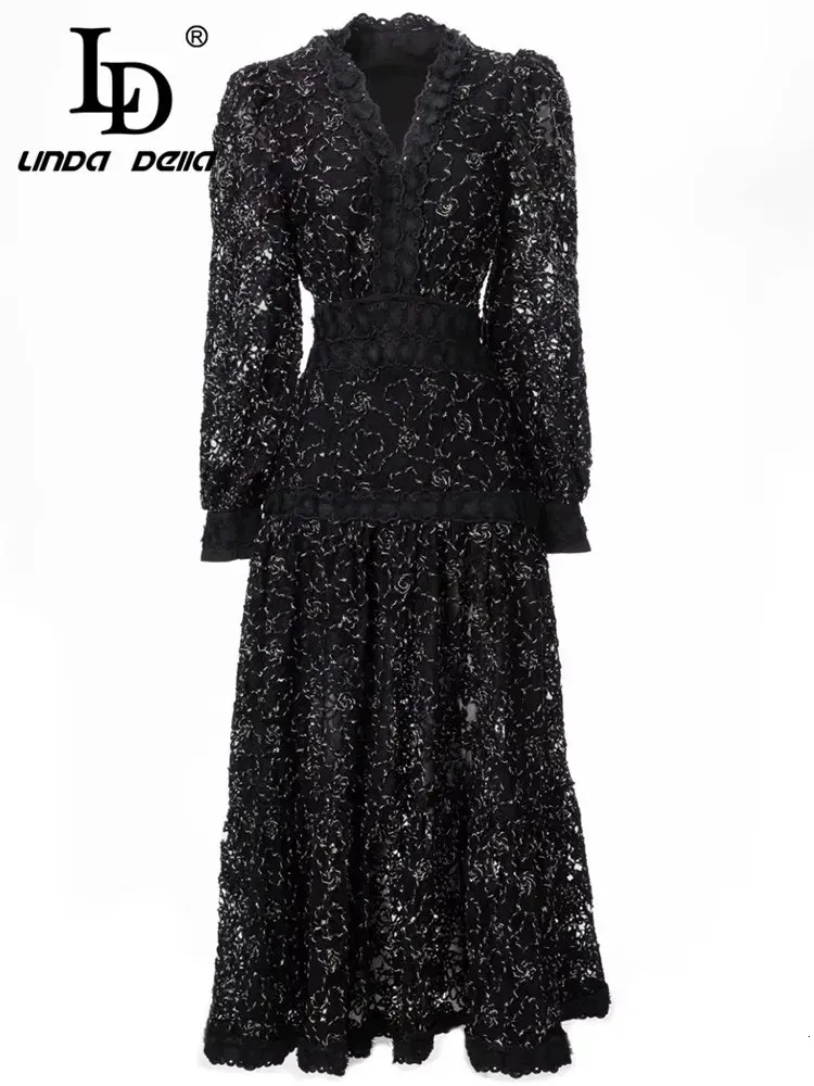 LD LINDA DELLA mode piste noir Dres col en v lanterne manches évider broderie Vintage fête robe mi-longue 240313