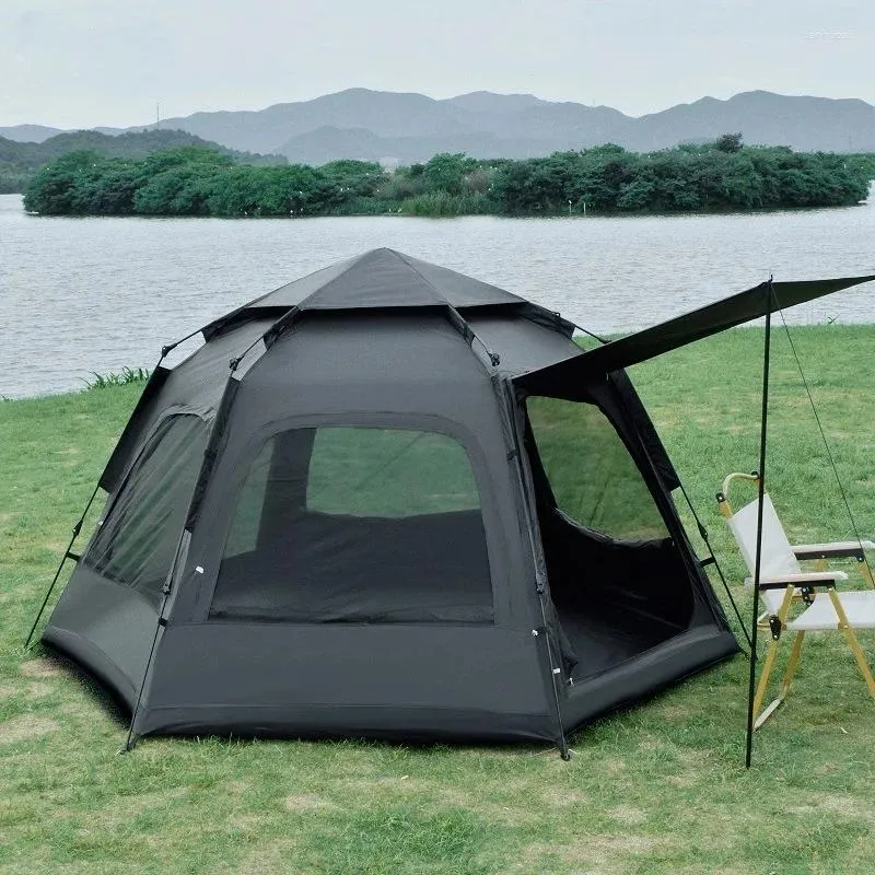 テントとシェルター六角形の黒いラバーテント日焼け止め屋外マルチパーソンスペースキャンプビーチ完全自動クイックオープニング