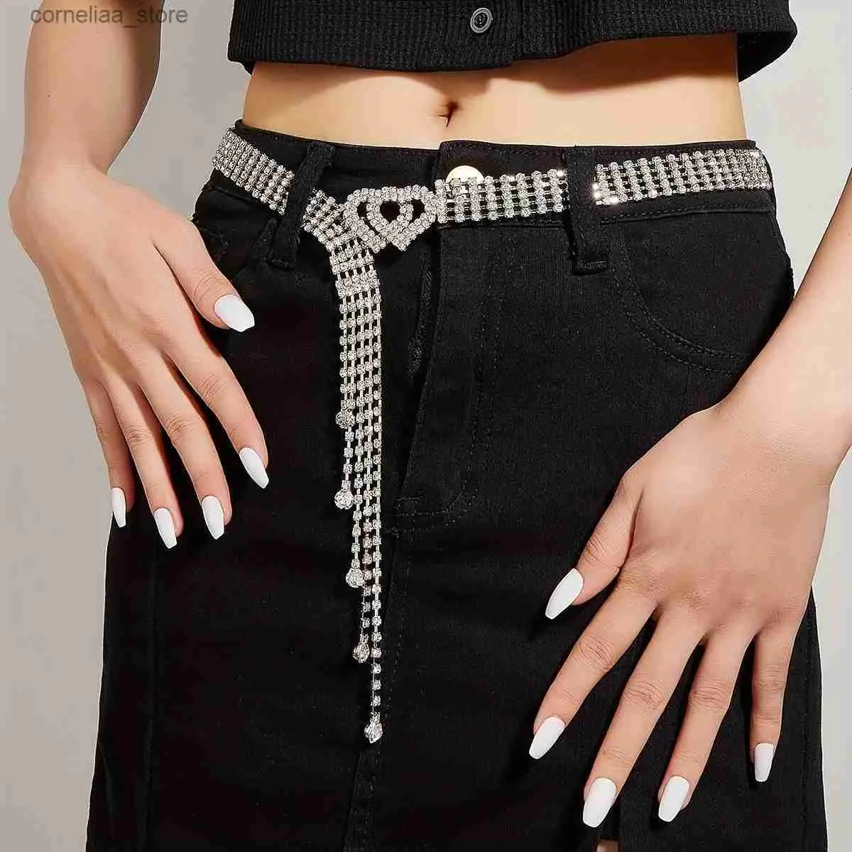 Bälten dubbelhjärta Buckle Belt Y2K Rhinestone Inlaid Tassel Midjeband Elegant Dekorativa jeans byxor Bältesklänning för Womeny240316