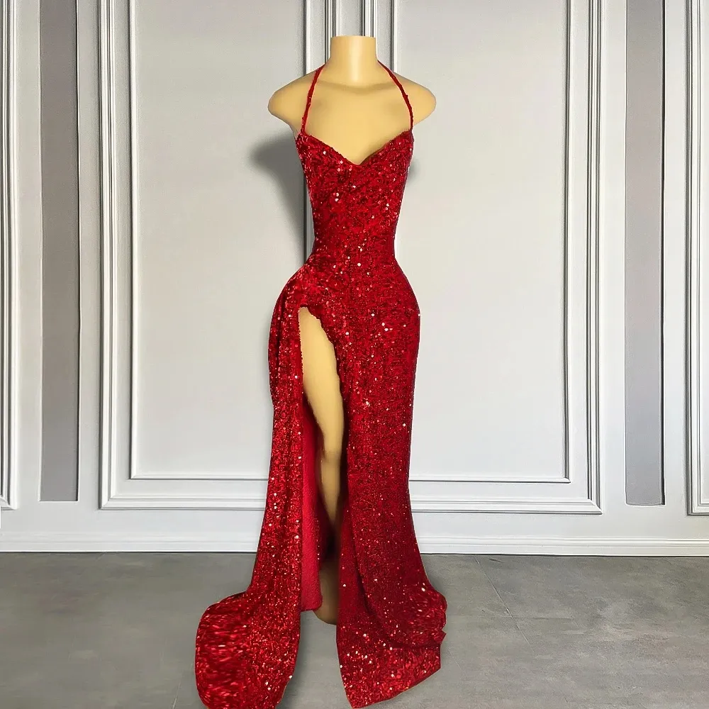 fitted lace wedding dress Long Red Sleeveless Halter Open Back Mermaid Prom Dress main image 1