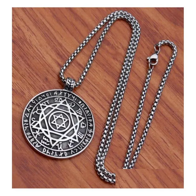 Pendentif Colliers Vintage Astrologie Disque Bijoux Hommes David Star Gravé Disque Collier En Acier Inoxydable Chaîne Carrée Kpop Drop Livrer Dhpyf