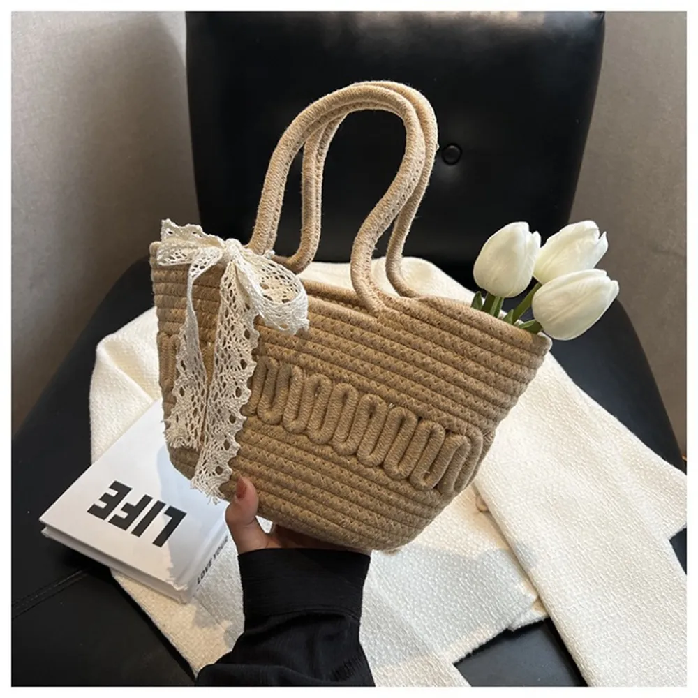 French Style Elegant Bow Straw Bag Women's Summer Sweet Girl's Casual Woven Bucket Bag Shoulder Tote