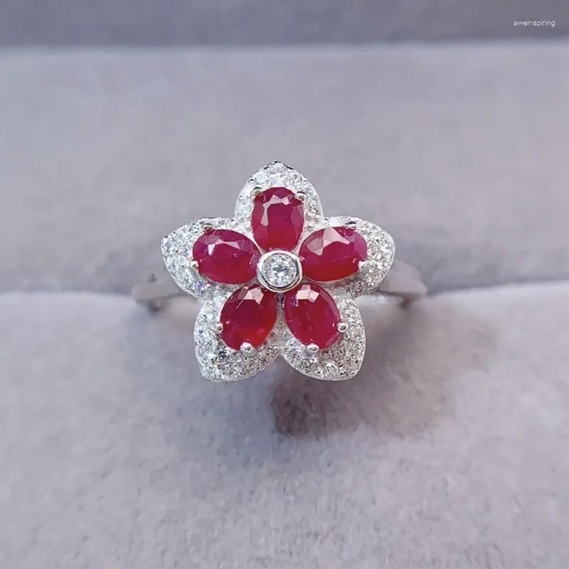 Ruby Flower Cluster Ring: 925 Sterling Silver, Natural