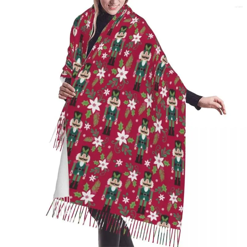 Halsdukar Holiday Wonder Poinsettia och Nutcrackers On Red Wishes Pattern SCARF WRAP FÖR KVINNA LÅNG VINTA TASSEL SAWL