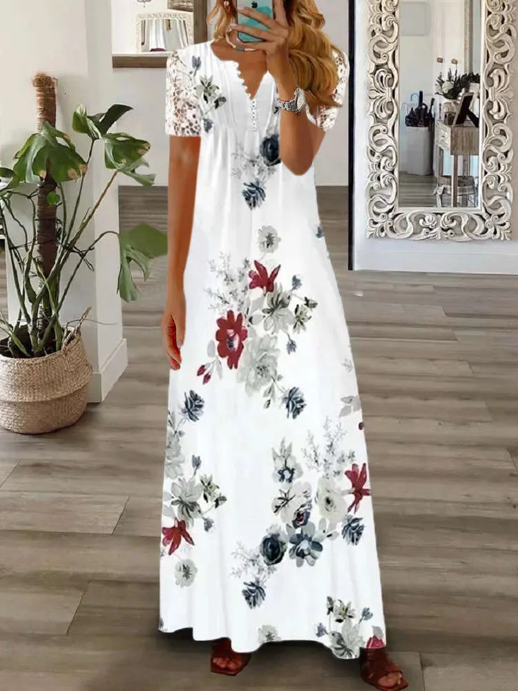 Designer-Damenbekleidung 2024 Frühling und Sommer Damen Neue Mode Spitze Langes Kleid Modisches und sexy Damenkleid Damen Spitze, figurbetontes V-Ausschnitt-weißes Kleid MJAU