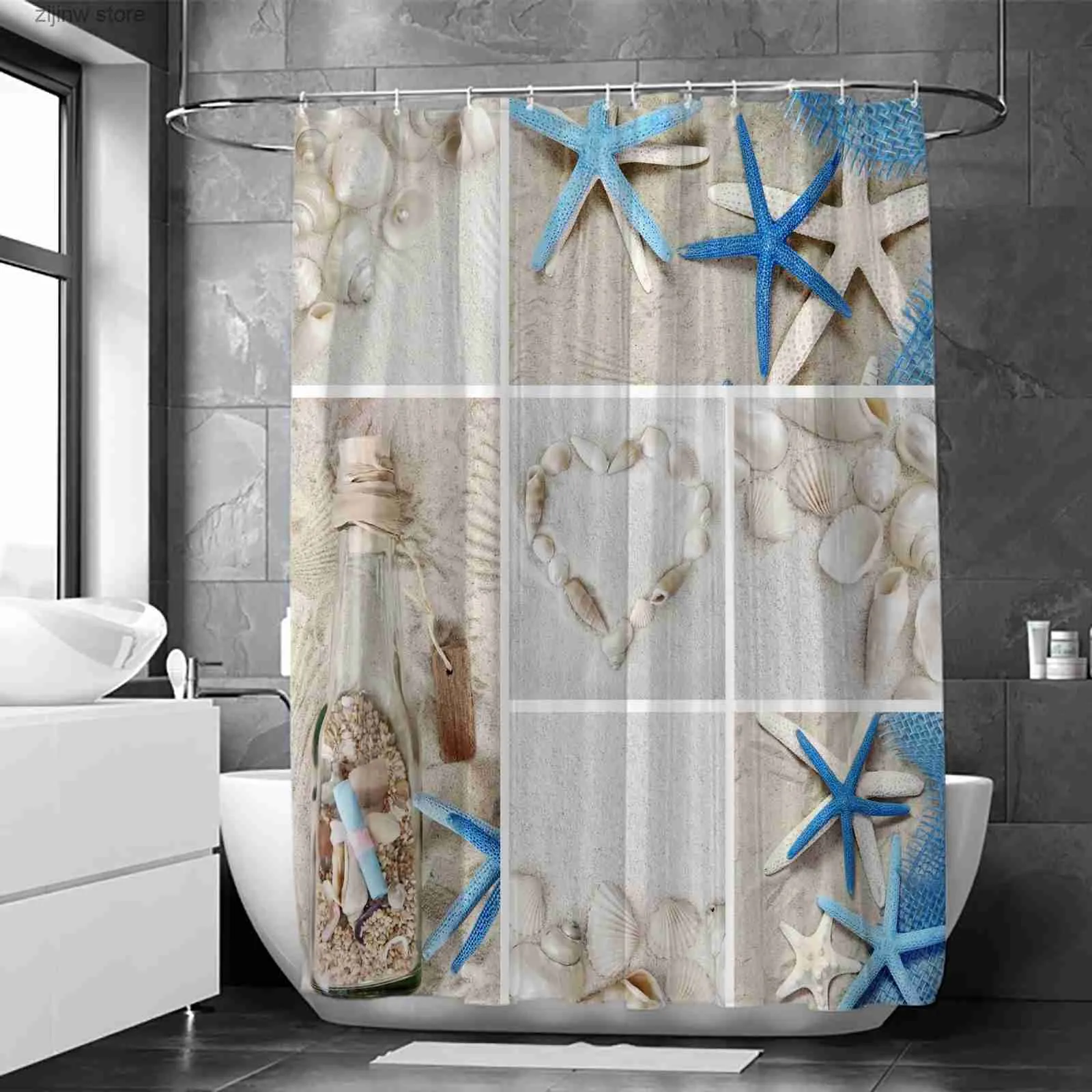 Shower Curtains 1Pcs beach drift bottle shower curtain romantic blue starfish love conch bathroom decoration with 12 plastic hooks Y240316