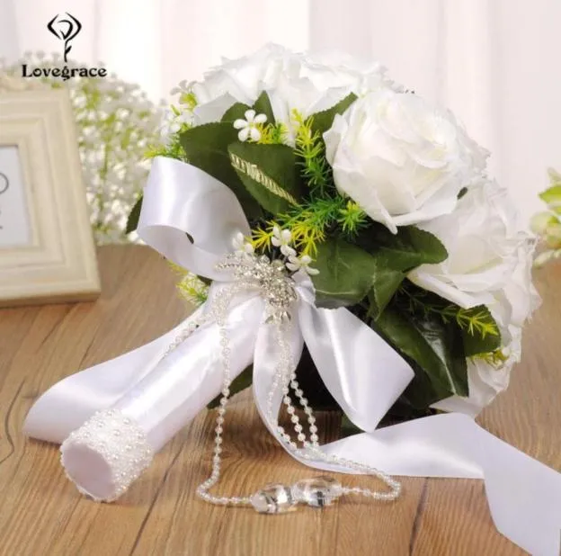 Flores de casamento buquê de noiva branco rosas artificiais para damas de honra acessórios de casamento de pérola 5099676
