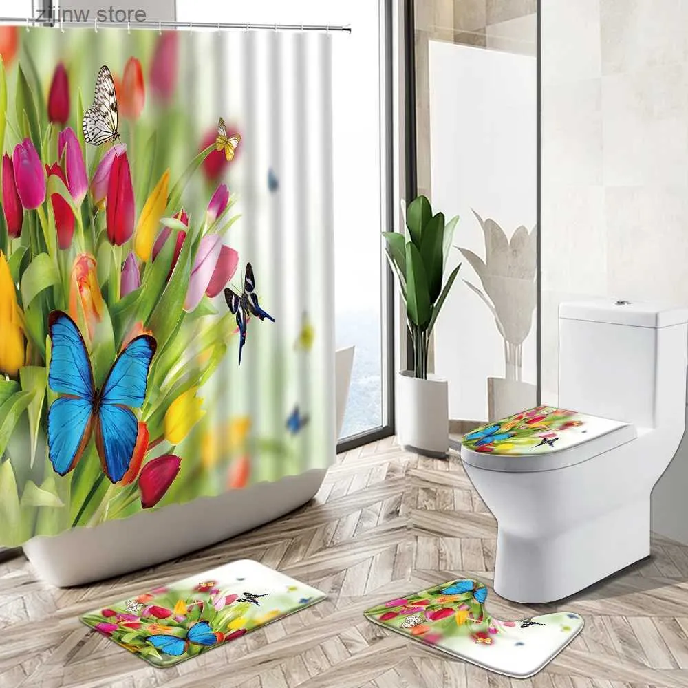 Douchegordijnen Kleurrijk Tulp Bloem Douchegordijn Lente Vlinder Groene Plant Pastoraal Landschap Antislip Tapijt Toilethoes Badkamer Decoratieset Y240316