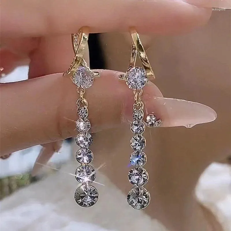 Elegant Gold Dangle Earrings Sparkling Cubic Zirconia Drop