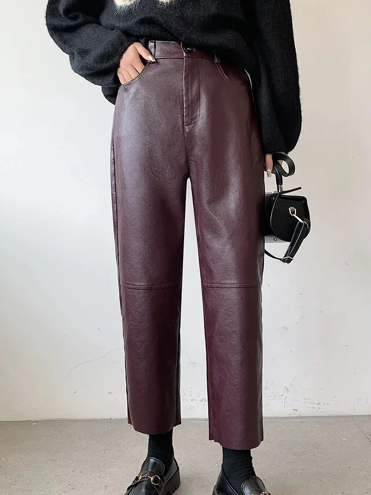 QOERLIN Autunno Inverno PU Pantaloni in pelle Eleganti tasche a vita alta Pantaloni finti Harem con elastico posteriore femminile 240309