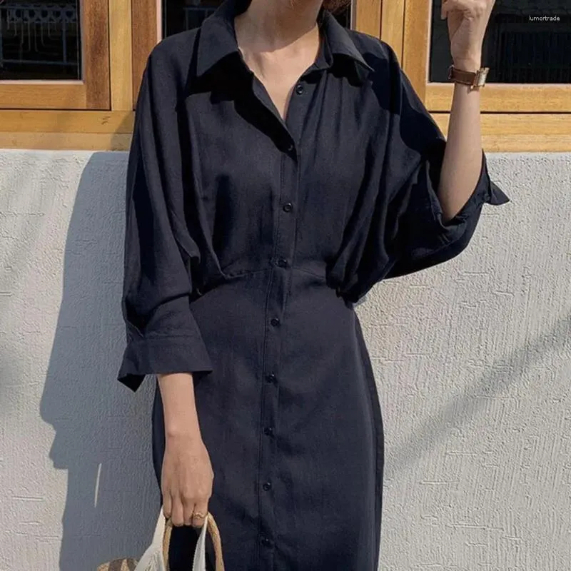 Casual Dresses Loose Cut Pleated Dress Elegant Maxi With Lapel Collar Split Hem Women's Retro Style Long Sleeve For Spring