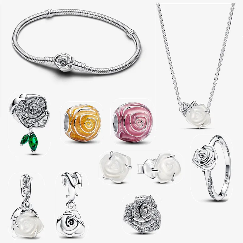 Nieuwe vrouwen designer bedelarmband DIY fit Pandoras White Rose in Bloom Colliers ketting luxe oorbel ring met diamanten bloem armband sieraden moeder cadeau