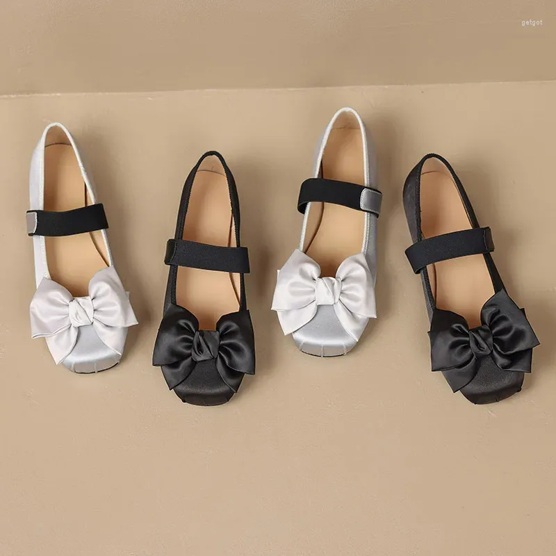 Casual Shoes Phoentin Women Soft Silk Flat Ballets Satin Elegant Bow Mary Janes Retro Low Heels Chic Black Silver Party FT3043