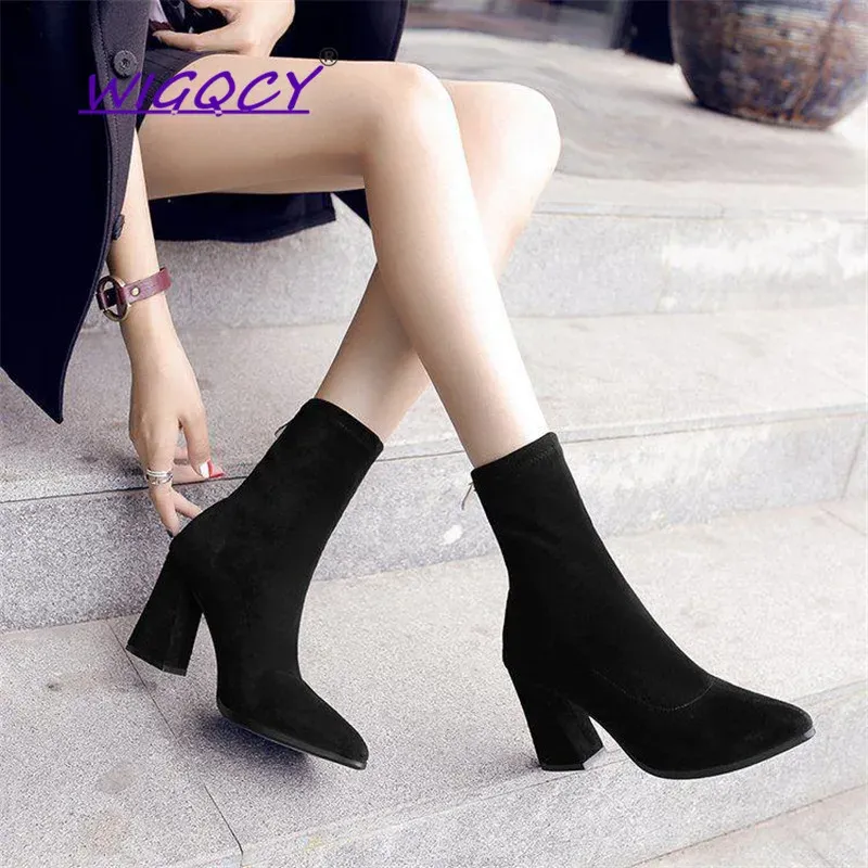 Boots Square Heel Hog Heel Sock Boots 2019 Autumn Winter Shoes Women Mode Pointed Teen British Fashion Boots Casual Ladies Shoes