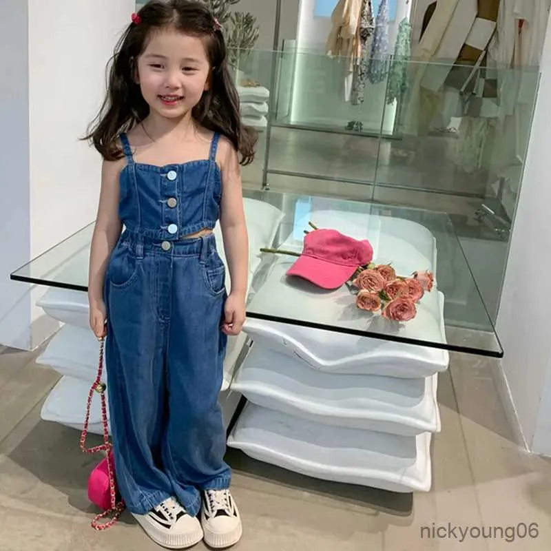 Clothing Sets Girls Denim Sets Short Top +Denim Wide Leg Pants Summer ChildrenS Clothing Girls Fashion Kids Outfit Children Girls Clothes