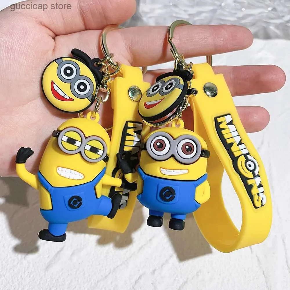 Keychains Lanyards Kawaii Minions Keychain Cartoon Toys Model Sile Pendant Keyring Cosplay Chinese Zodiac Car Backpack Key Holder Accessories Y240316