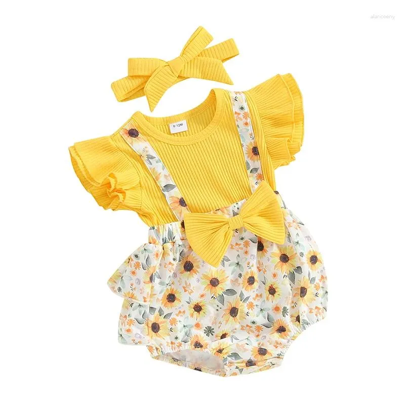 Ensembles de vêtements bébé fille 2 pièces ensemble d'été manches volantes tournesol imprimé 3D faux arc deux pièces barboteuse bandeau côtelé tenues pour tout-petits