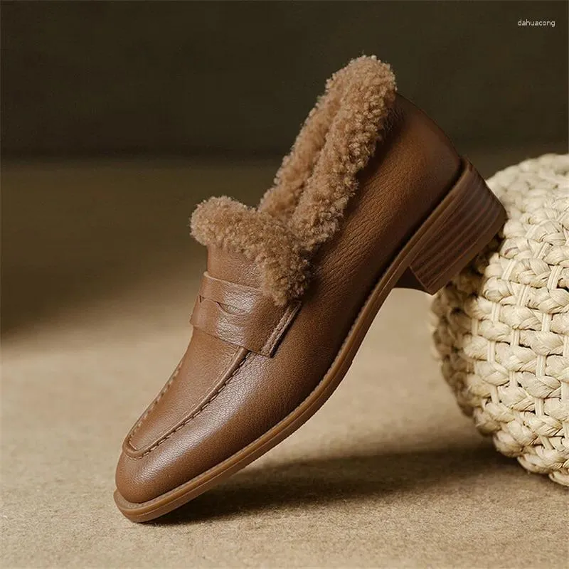 Casual Shoes Winter Genuine Leather Loafers Women Square Toe For Low Heel Pumps Versatile Chunky Ladies