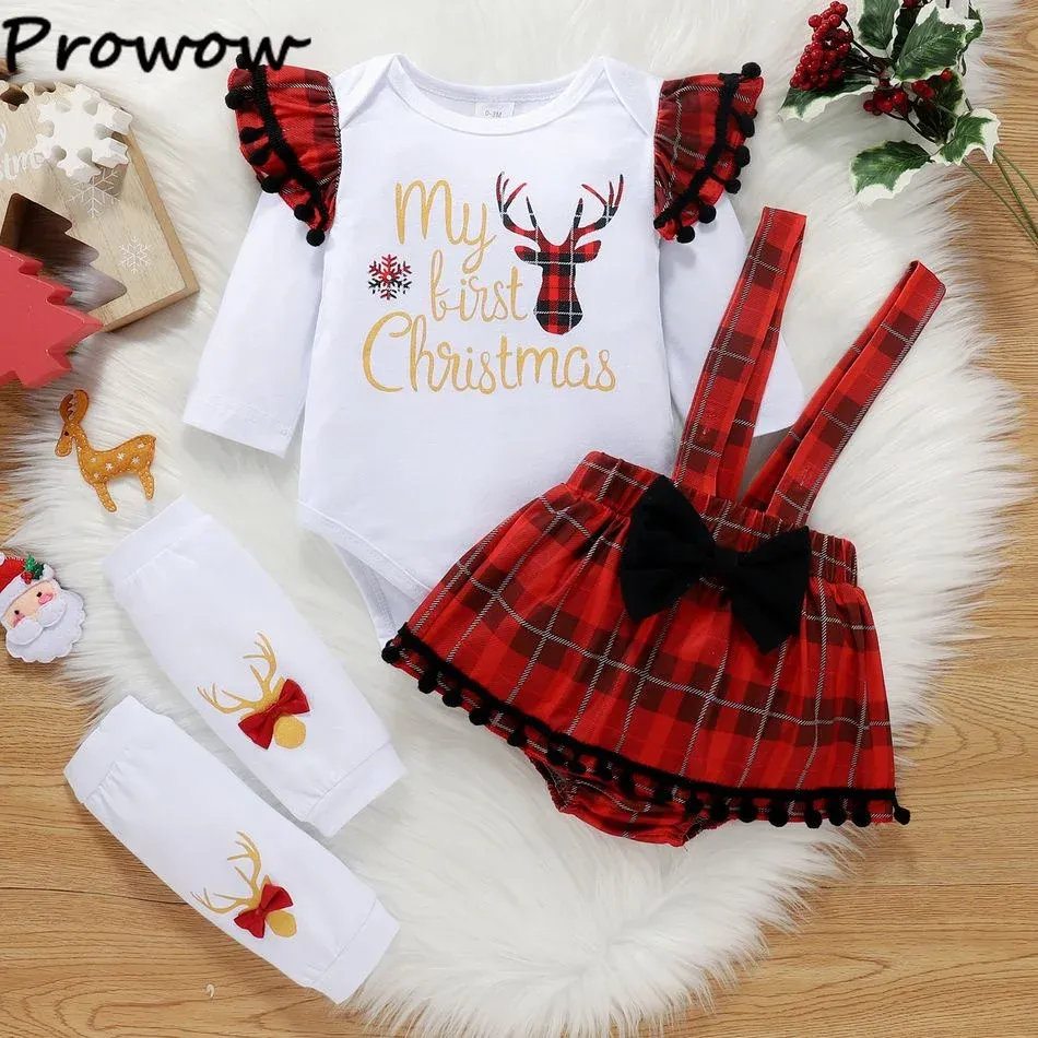 Vestidos prowow meu primeiro natal roupas da menina do bebê plissado macacão + xadrez suspender saias 2023 ano novo traje do bebê roupa de natal