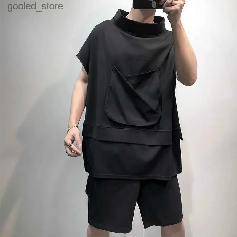 Men's T-Shirts Summer large dark loose irregular stitching designer solid stand collar T-shirt trendy bat sleeve hip-hop T-shirt Q240316