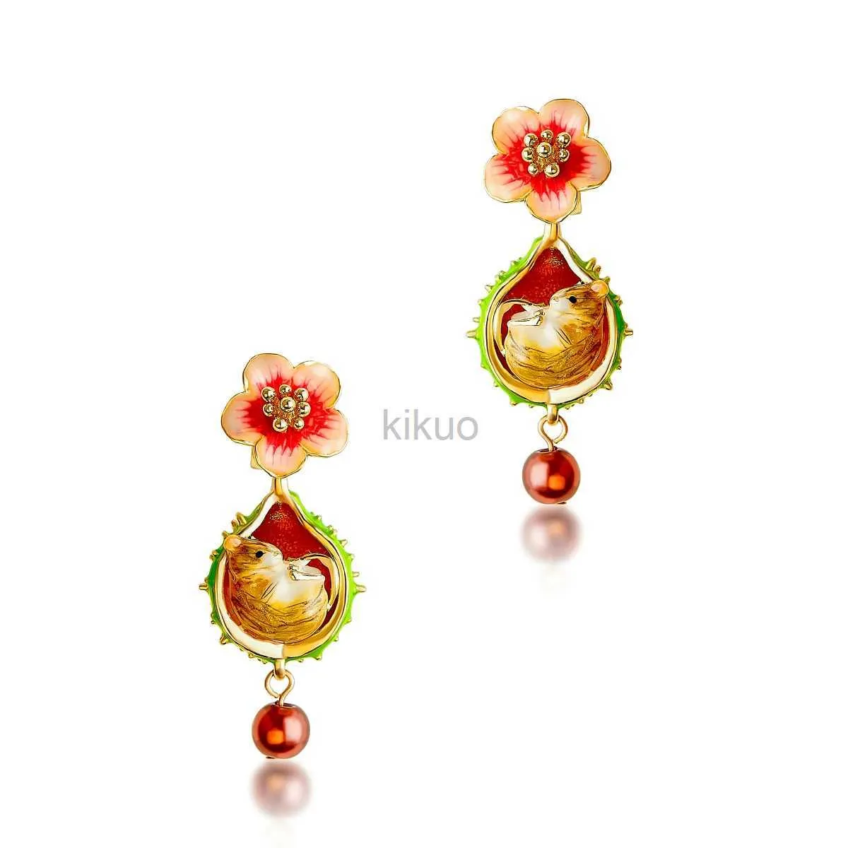 Dangle Chandelier Little Hamster Fruit Shell Sound Sleeping Small Vole Pendant Creative Earrings with Enamel Ear Stud 24316