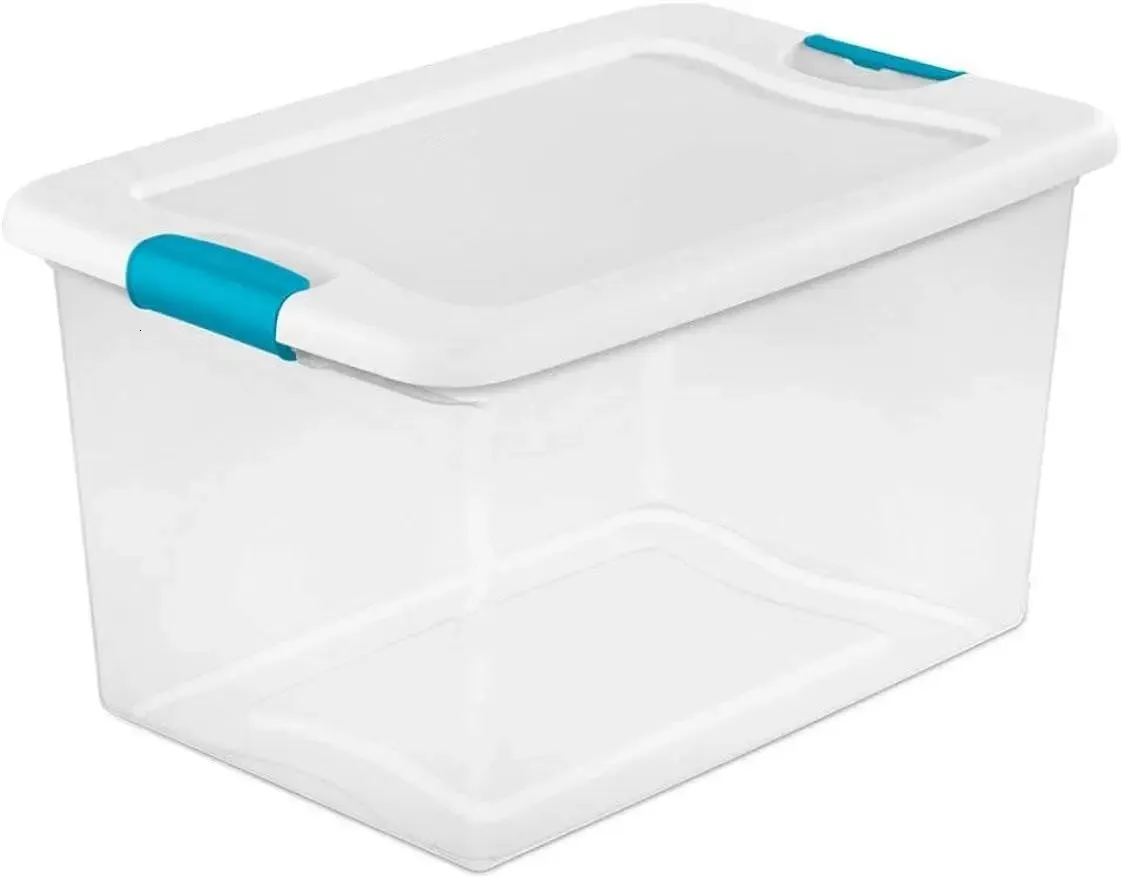 Ящик для хранения с защелкой, 64 шт., штабелируемая корзина с крышкой с защелкой, пластиковый контейнер для хранения одежды в шкафу, прозрачный 240314