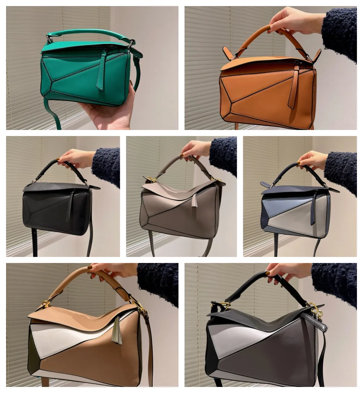 Puzz 5A Designer Bag äkta läder handväska axelväska hink kvinnas påsar koppling totes crossbody väska geometri kvadrat kontrast färg lapptäcke