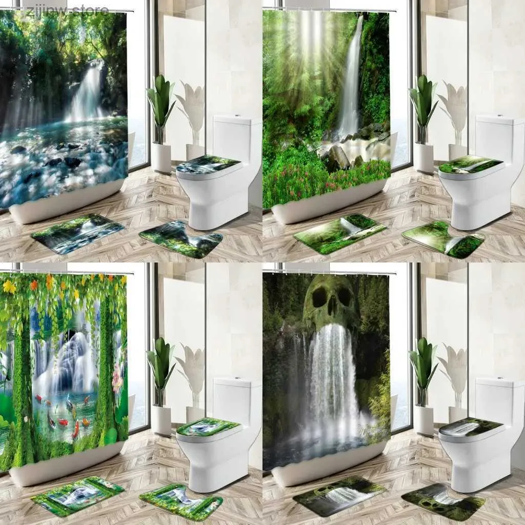 Douchegordijnen waterval Lake Lake Scenery Douche Gordijn Forest Groene planten Bloemen Leer Natuurlijk landschap Huis Tapijt Toilet Cover Bad Mat Set Y240316