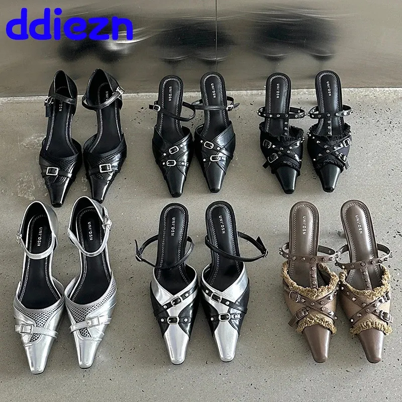 Сексуальная модная женская обувь на каблуке с Т-образным ремешком, женские шлепанцы, туфли-лодочки с острым носком, заклепки, женская обувь на тонком высоком каблуке, обувь 240312