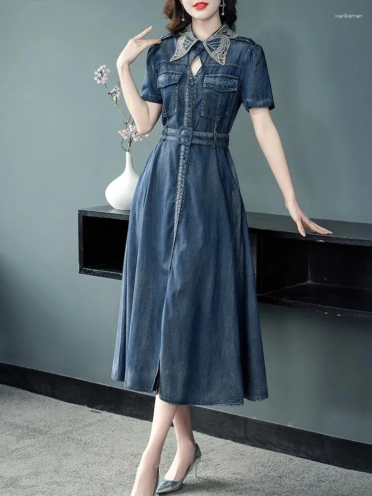 Partykleider TIYIHAILEY 2024 Vintage Frauen Lange Mittelkalb Kurzarm Denim Sommer Einreiher Kleid S-XL Drehen Unten Kragen