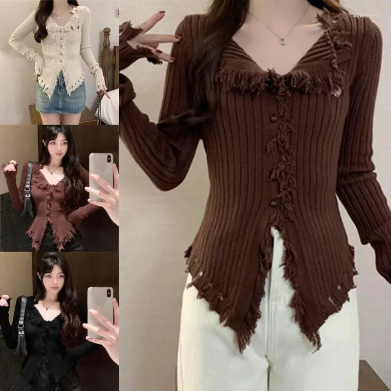 Women's T Shirts Women Frayed Trim Ribbed Knit Sweater Top Y2K Long Sleeve Cropped Cardigan