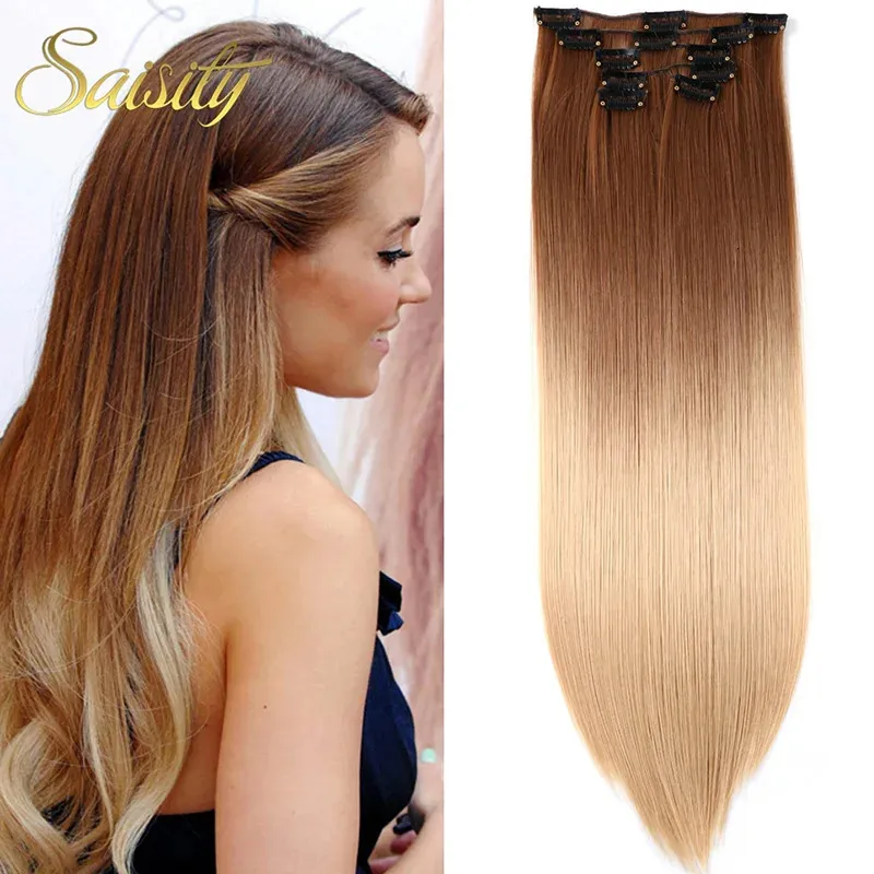 Synthetic Long Straight Clip in Hair s 22 Women Fake False Hair Pieces Ombre Black Brown Blonde Styling Hair 6Pcs 240314