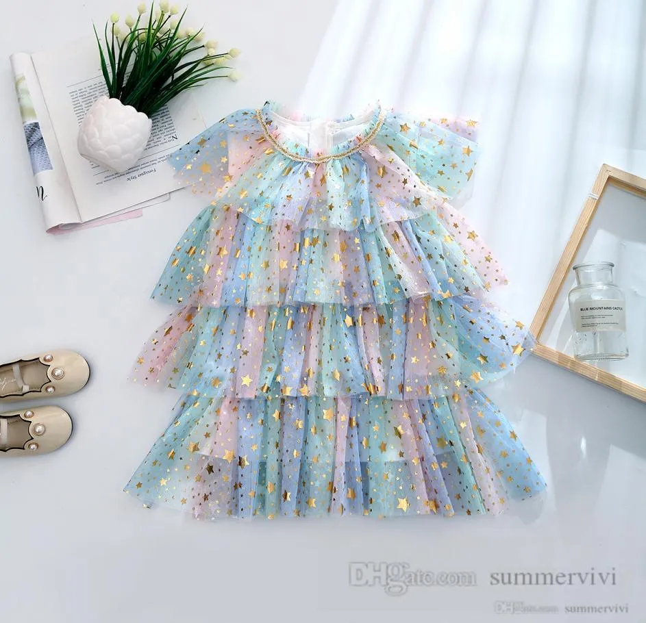 Summer -Girls Stars Ceikine Lace Tiul Sukienki Dzieci Warstwowy kolorowy kolor gazy sukienki letnie dzieci urodziny