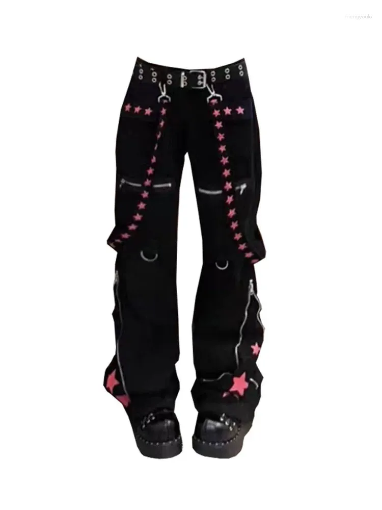 Calças de brim femininas punk cyber high street coreia moda calças cintura baggy reta preto calças largas perna americano retro gótico hiphop