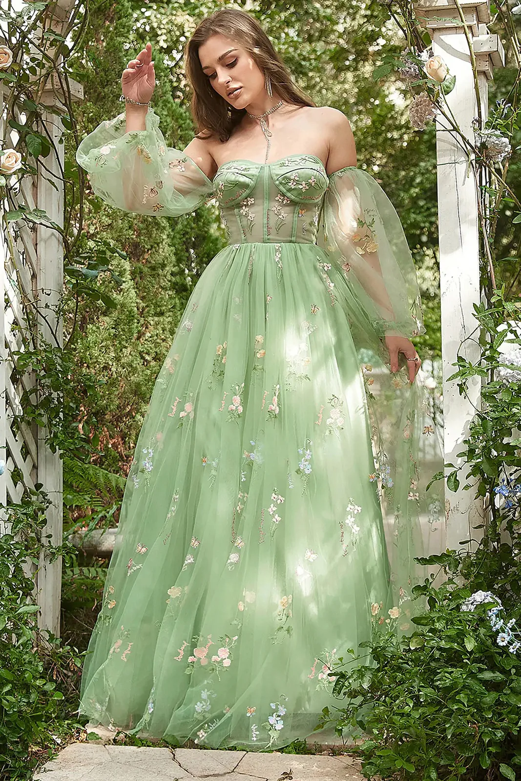 Groen Uit De Schouder Fee Galajurk Lange Mouw Sweetheart Vloerlengte Een Lijn Bloemen Tule Party Sweet 16 vestidos 240305