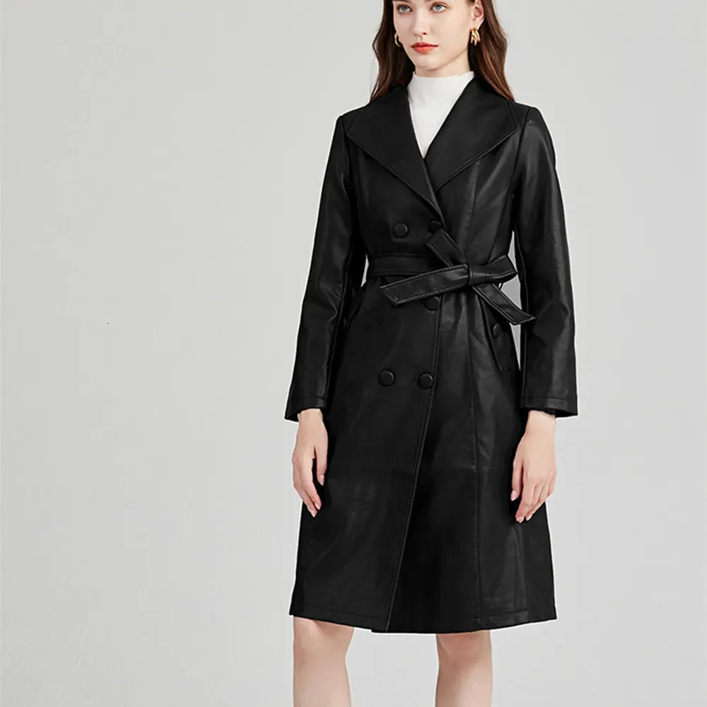 Printemps automne longue lâche décontracté noir doux Pu Trench manteau pour femmes ceintures grande taille vêtements d'extérieur S-XXL 2024 240329