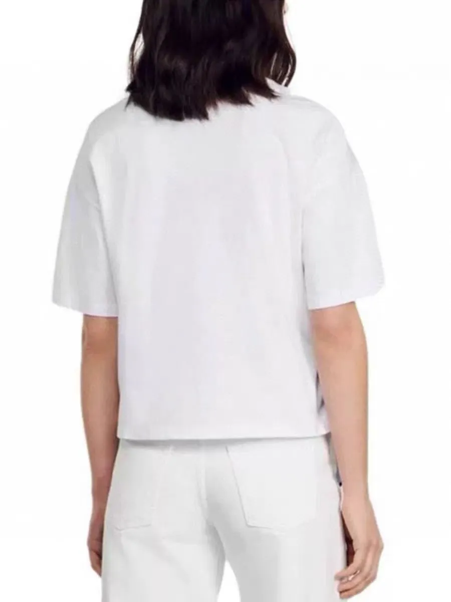 Лето 2024 года, новинка Sandro, дизайнерский ретро-цветочный принт с круглым вырезом, топ на шнуровке, женская комбинированная футболка из двух частей, футболка в этническом стиле с короткими рукавами