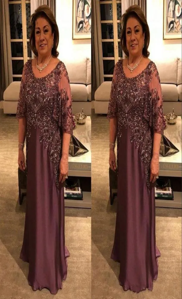 New Modern Mother Of The Bride Dresses Scoop Neck Lace Crystal Beads Half Sleeves Chiffon Floor Length Plus Size Evening Wear Prom8087680