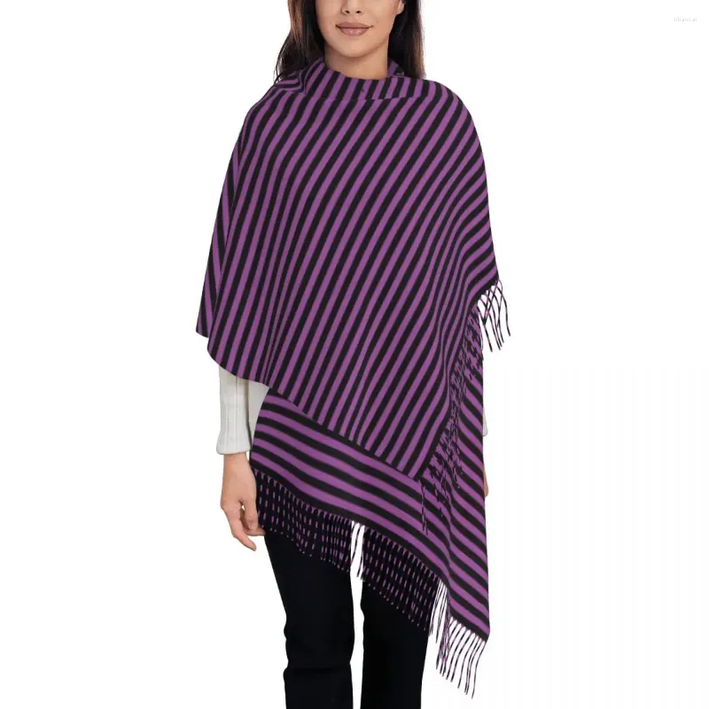 Foulards Halloween Imprimer Écharpe avec pompon Violet Noir Stripe Chaud Châles et Wrap Femmes Design Grand Automne Y2K Cool Bandana