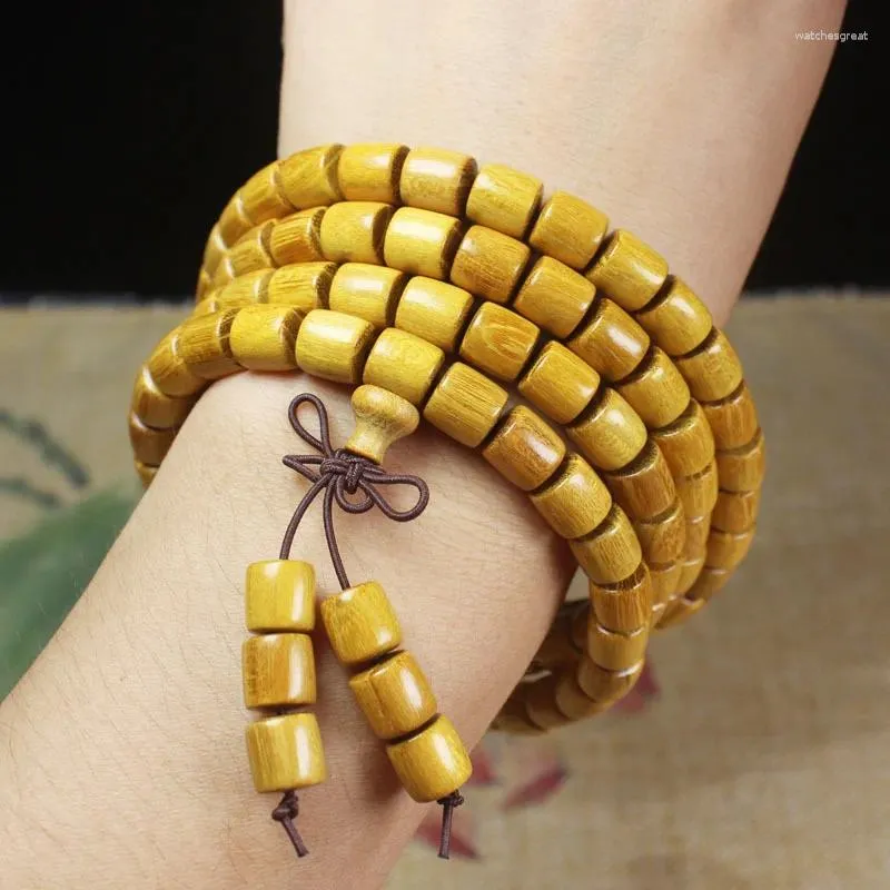 Strand Wholesale Bracelet 108 Pcs Barrel Beads Golden Tan Wooden Buddha