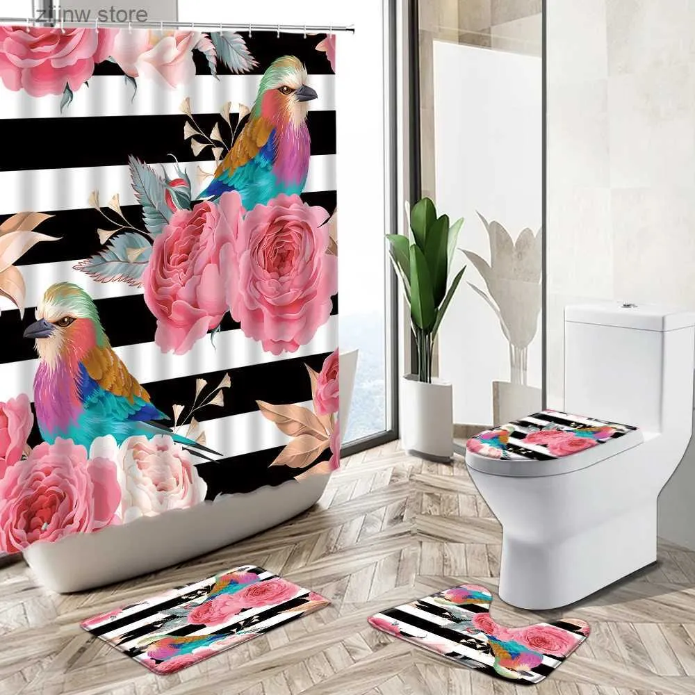 Tende da doccia Nero Bianco Moda a strisce 3D Fiore rosa Tenda da doccia Pianta Foglia Uccello Tappetino antiscivolo Piedistallo Copriwater Set da bagno Deco Y240316