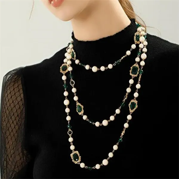 Luxury Crystal Long Pearl Pendant Necklace for Women Sweater Chain Boho Korean Designer Style Jewelry