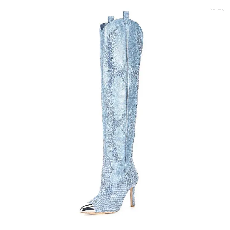 Buty Kobiety kryształowe buty seksowne spiczaste palce cienki na wysokim obcasie nad kolanem mody dhinestone damskie botas mujer 44