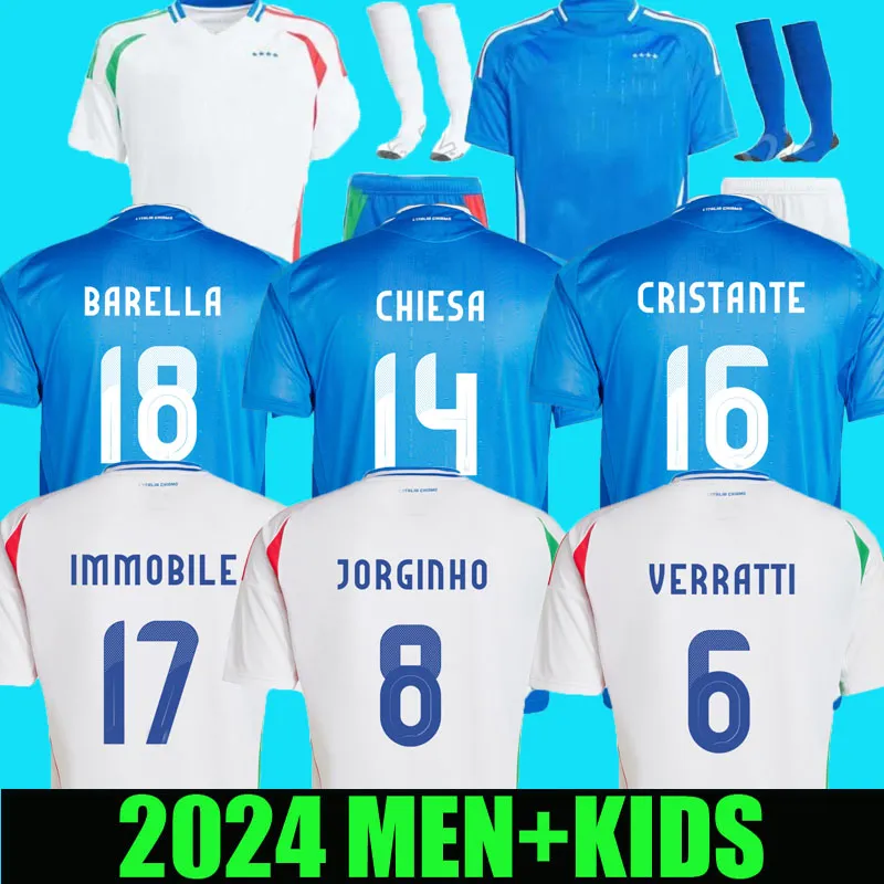 S-4XL 2024 2025 Italys Soccer Jerseys Scamacca Inmobile Chiesa Camisas de fútbol Jorginho Barella Bastoni Verratti Maglia Italia Fans Jugador Versión Kit para niños adultos Kit